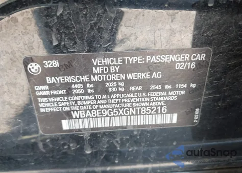 2016 BMW 328I z USA, uszkodzony, nr VIN WBA8E9G5XGNT85216